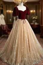 A Line Velvet Tulle Long Prom Dress, Lovely Short Sleeve Graduation Dresses