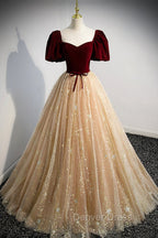 A Line Velvet Tulle Long Prom Dress, Lovely Short Sleeve Graduation Dresses