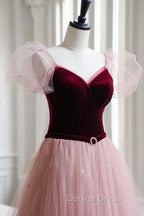 A Line Velvet Tulle Long Prom Dress, Pink Short Sleeve Prom Dresses