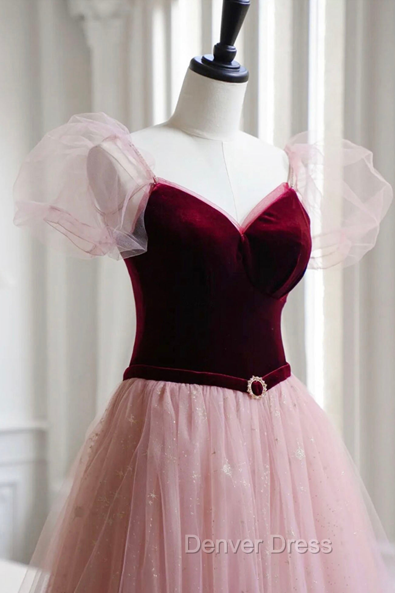 A Line Velvet Tulle Long Prom Dress, Pink Short Sleeve Prom Dresses