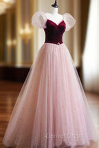 A-Line Velvet Tulle Long Prom Dresses, Pink Short Sleeve Formal Evening Dresses