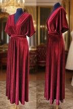A Line Velvet V Neck Prom Dress Long Bridesmaid Dresses