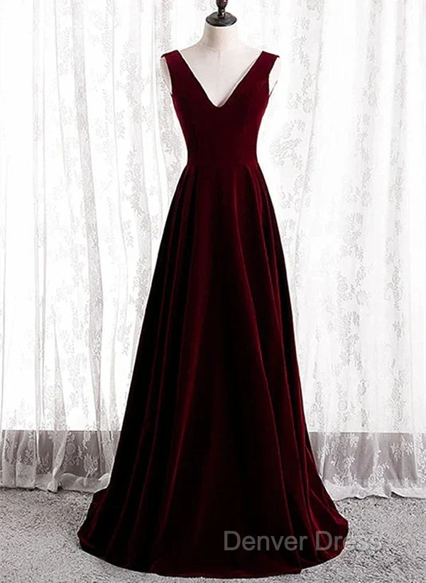 A Line Velvet V Neckline Sleeveless Long Prom Dress Prom Dress Bridesmaid Dresses