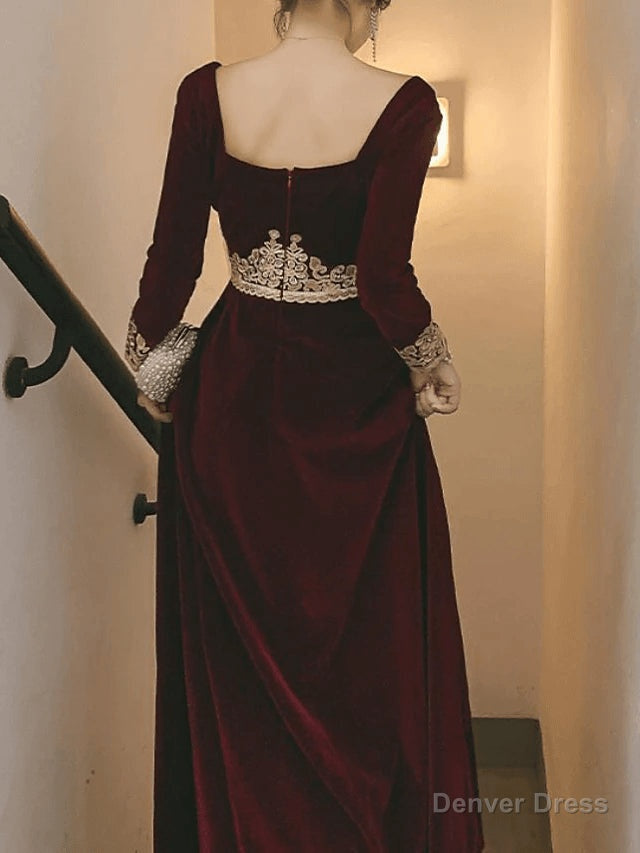 A Line Vintage Prom Velvet Prom Dress with Appliques,Long Sleeve Dinner Dresses Main image