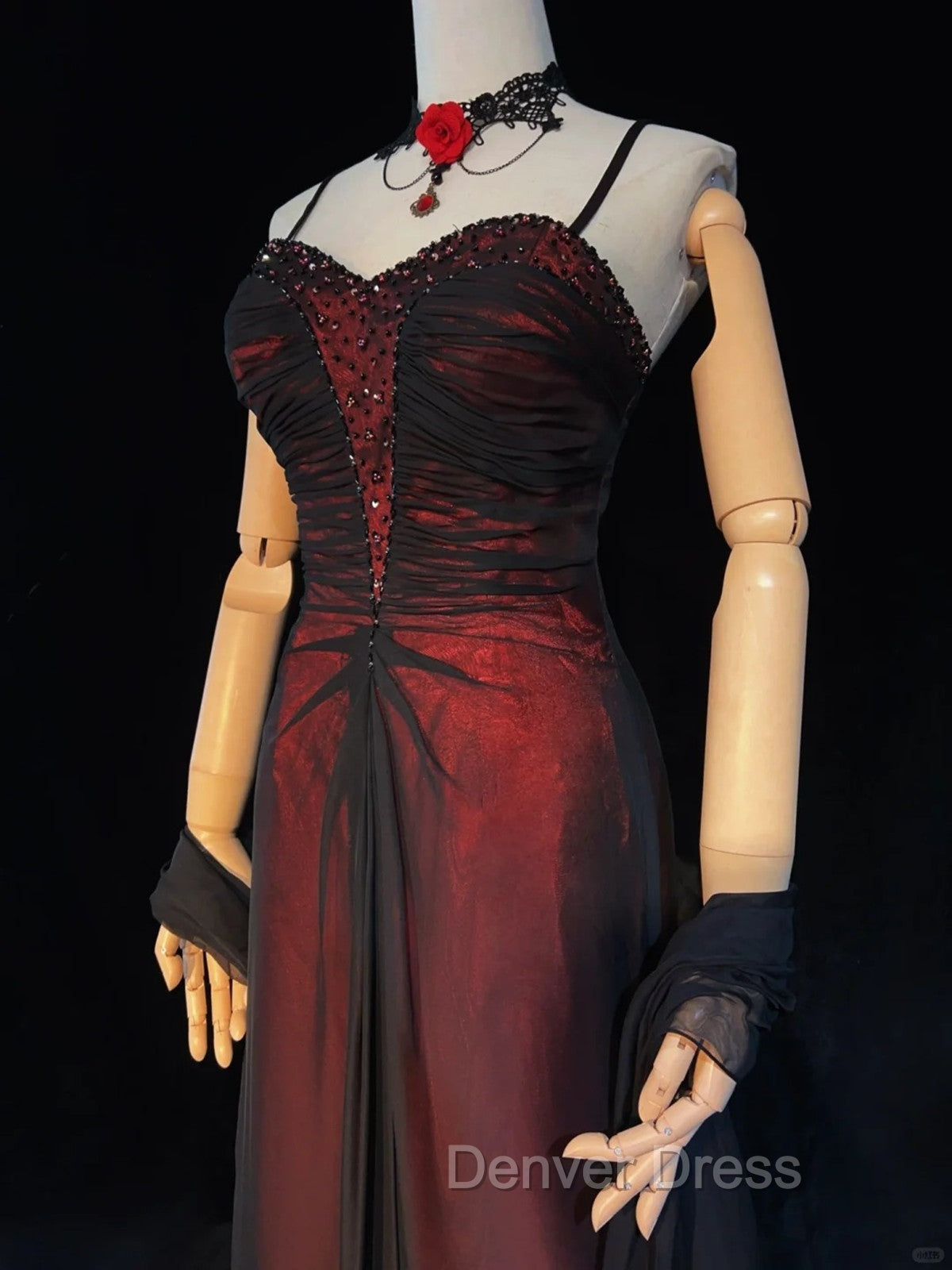 A-line Vintage Style Black and Red Beaded Prom Dresses, Black and Red Formal Dresses Secondary image