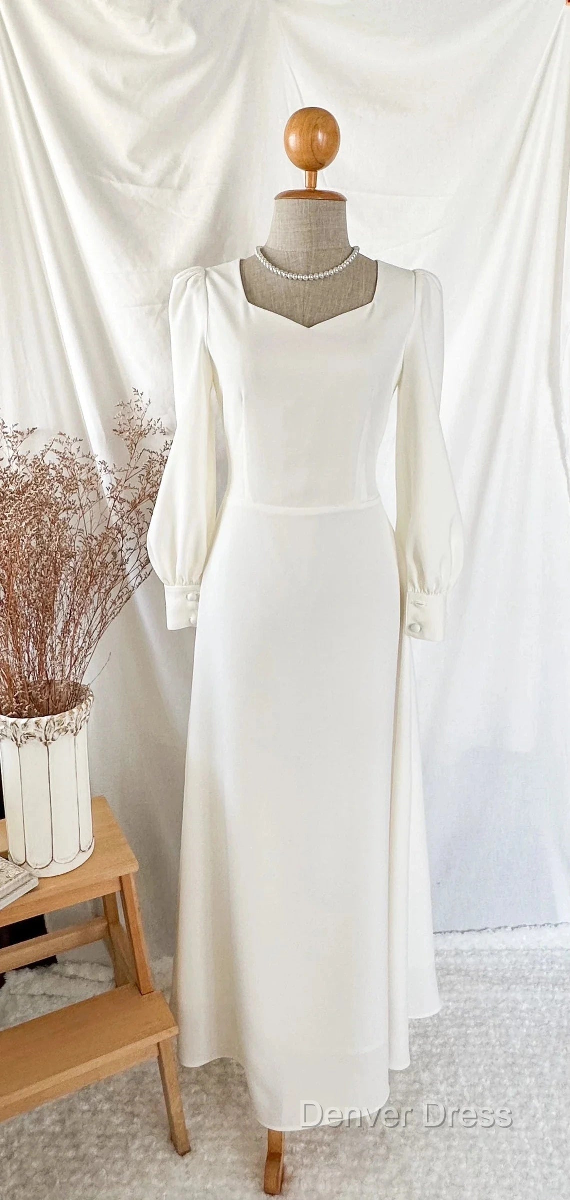 A Line Vintage White Wedding Dress Elegance Gowns Minimal Long Sleeve Style Bride Dresses