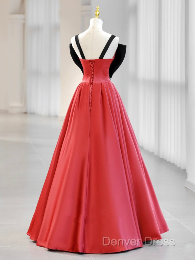 A-Line Watermelon Red Satin Long Prom Dresses, Long Formal Dresses Secondary image