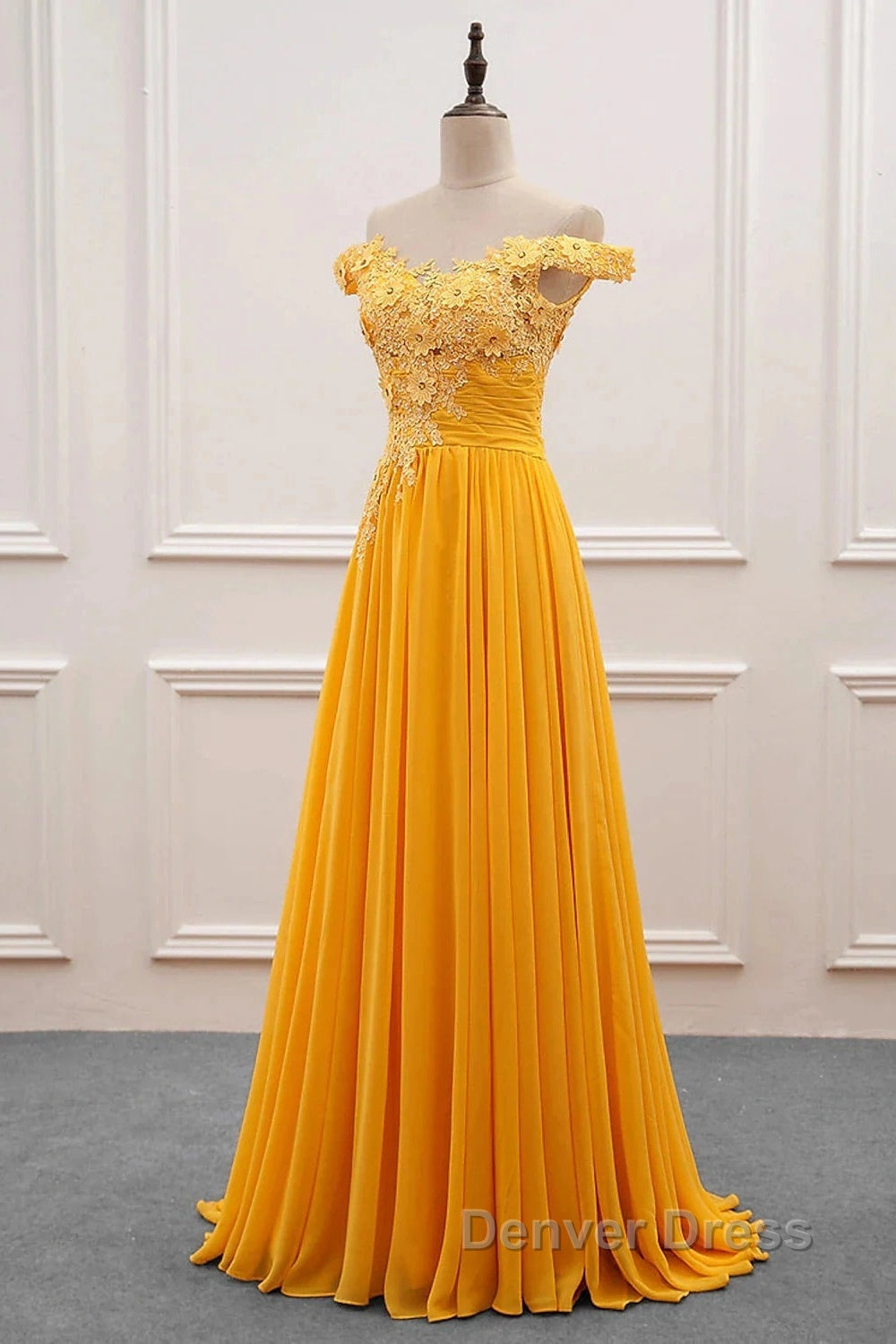 A Line Wedding Guest Dress Floral Dresses Prom Wedding Prom Sweep Brush Train Sleeveless Off Shoulder Chiffon With Appliques