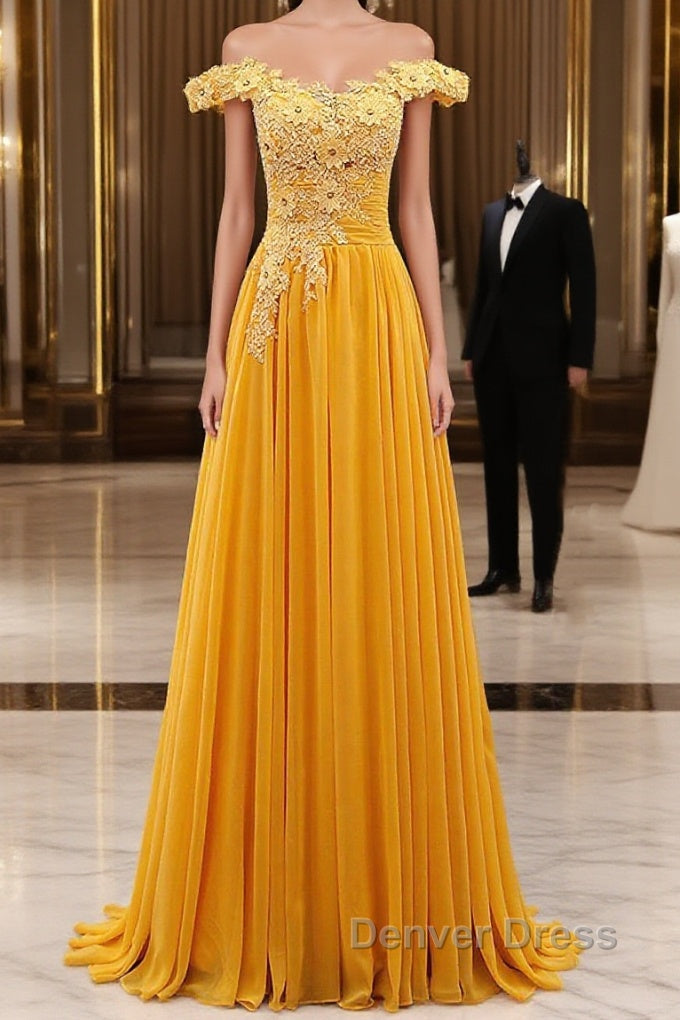 A Line Wedding Guest Dress Floral Dresses Prom Wedding Prom Sweep Brush Train Sleeveless Off Shoulder Chiffon With Appliques