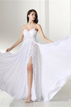 A Line White Prom Dress Straps Chiffon Long Prom Dresses