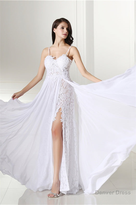 A Line White Prom Dress Straps Chiffon Long Prom Dresses