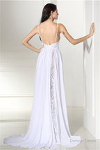 A Line White Prom Dress Straps Chiffon Long Prom Dresses
