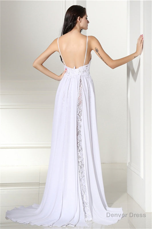 A Line White Prom Dress Straps Chiffon Long Prom Dresses