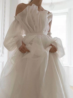 A Line White Long Organza Prom Dresses Formal Dresses