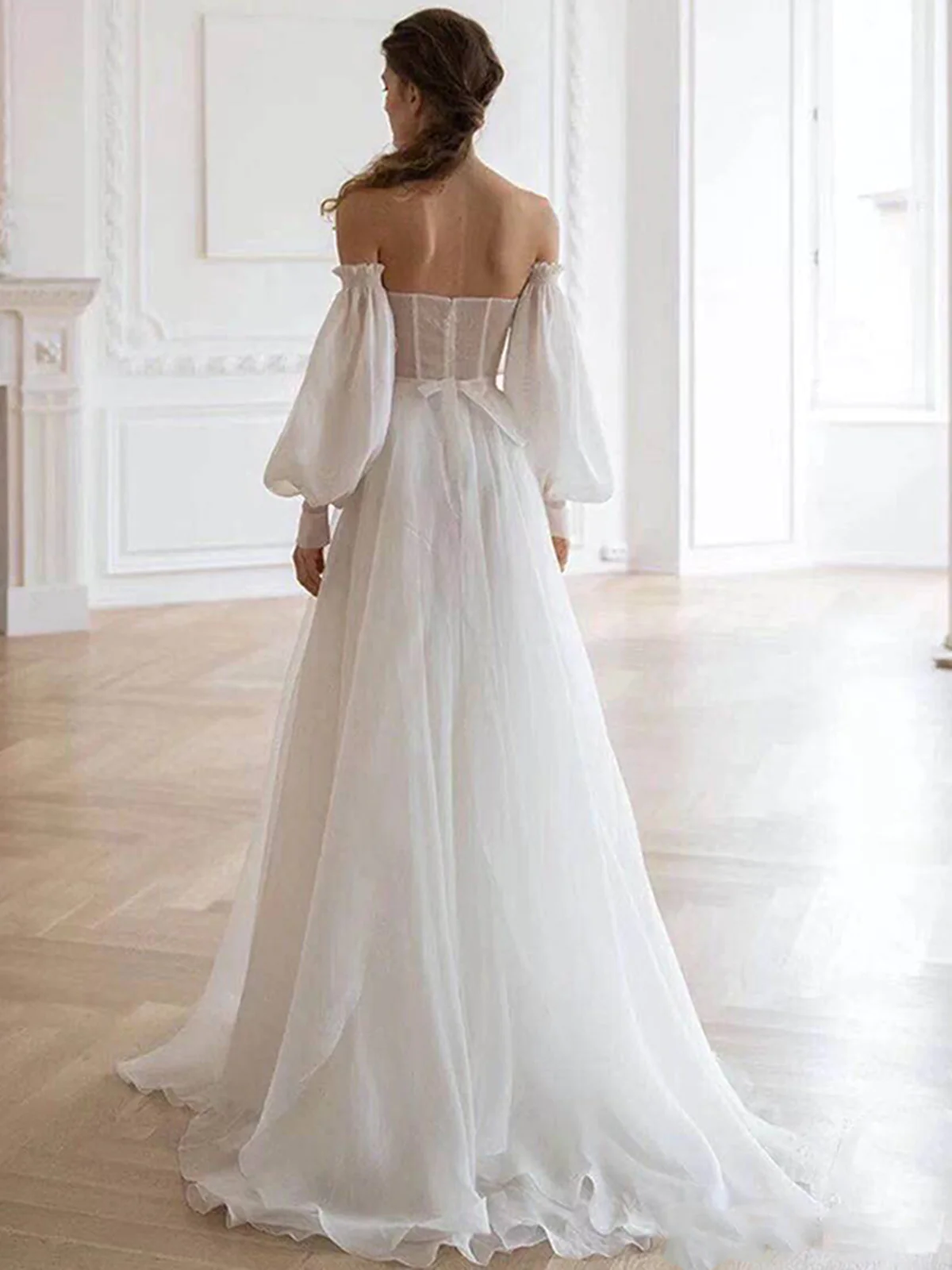 A Line White Long Organza Prom Dresses Formal Dresses