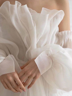 A Line White Long Organza Prom Dresses Formal Dresses