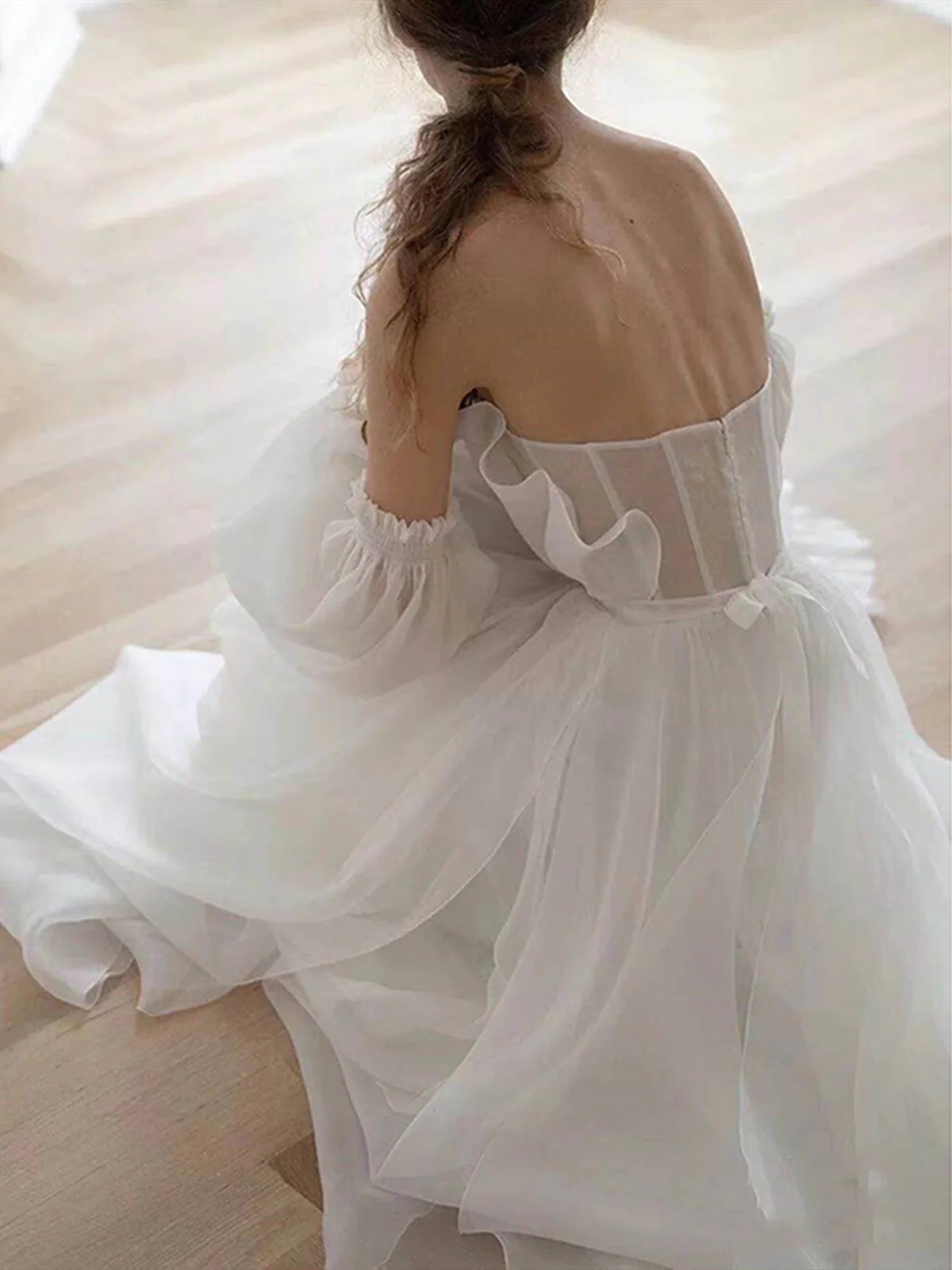 A Line White Long Organza Prom Dresses Formal Dresses