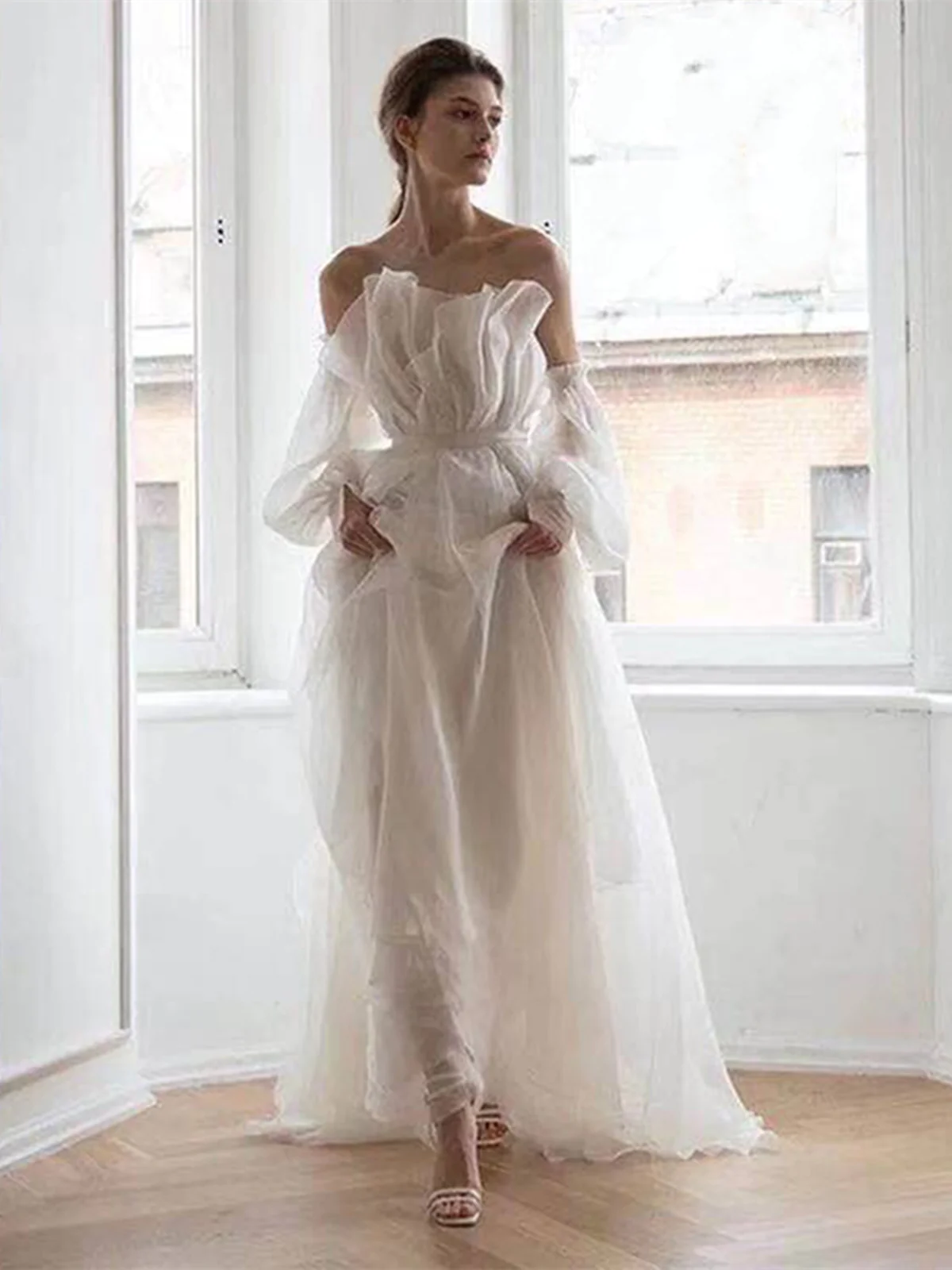 A Line White Long Organza Prom Dresses Formal Dresses Main image