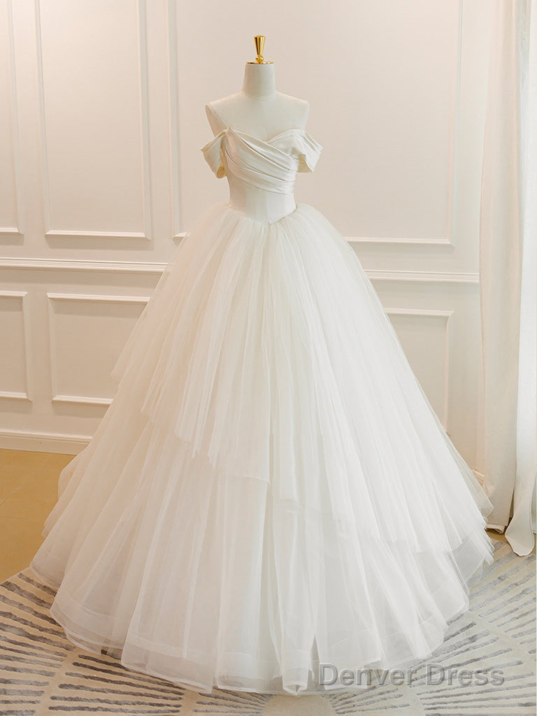 A-Line White Off Shoulder Tulle Long Prom Dress, White Long Formal Dress Main image
