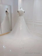 A-Line White Off The Shoulder Wedding Dress With Flower Embroidery Beautiful