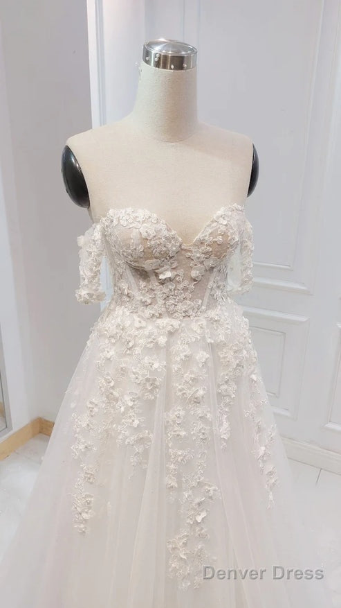 A-Line White Off The Shoulder Wedding Dress With Flower Embroidery Beautiful