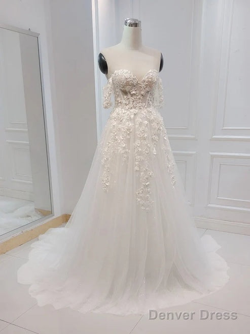 A Line White Off The Shoulder Wedding Dresses With Flower Embroidery Beautiful Main image