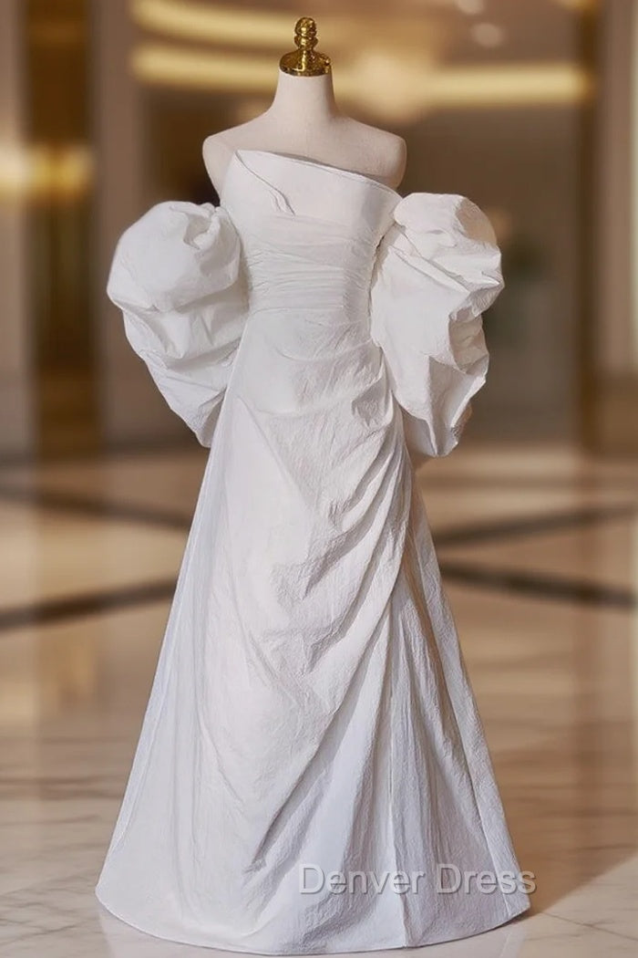A-line White Pleats Long Wedding Dresses Main image