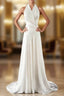 A-Line White Satin Halter Backless Wedding Dresses