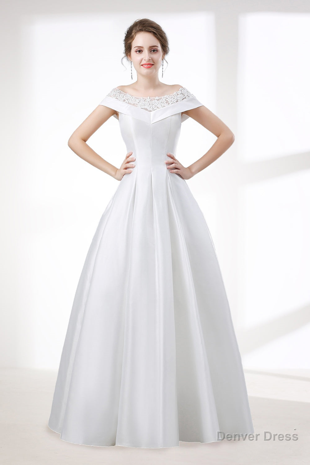 A Line White Satin Lace Off The Shoulder Wedding Dresses Main image