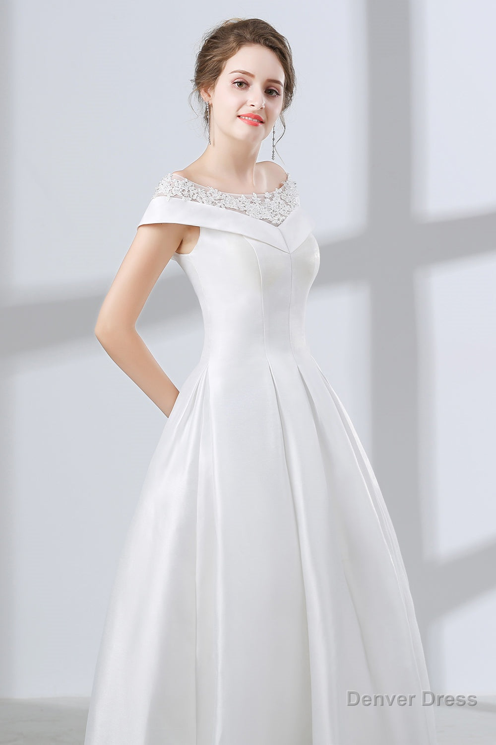 A-Line White Satin Lace Off The Shoulder Wedding Dresses