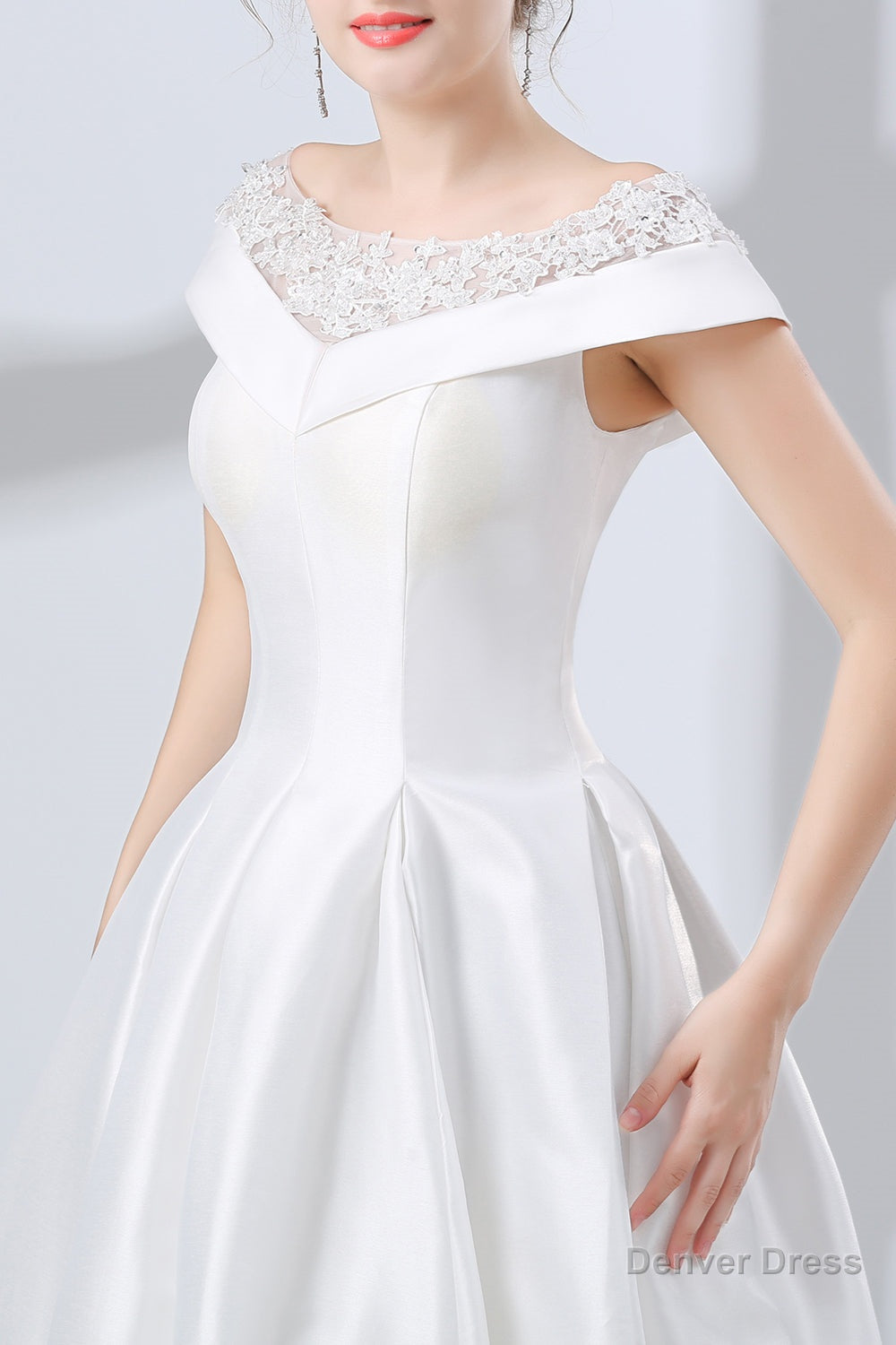 A Line White Satin Lace Off The Shoulder Wedding Dresses