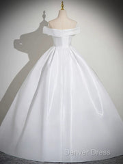 A-Line White Satin Long Prom Dresses, White Long Formal Dresses
