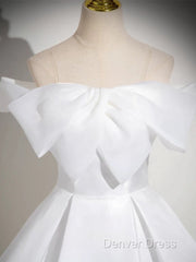 A-Line White Satin Long Prom Dresses, White Long Formal Dresses