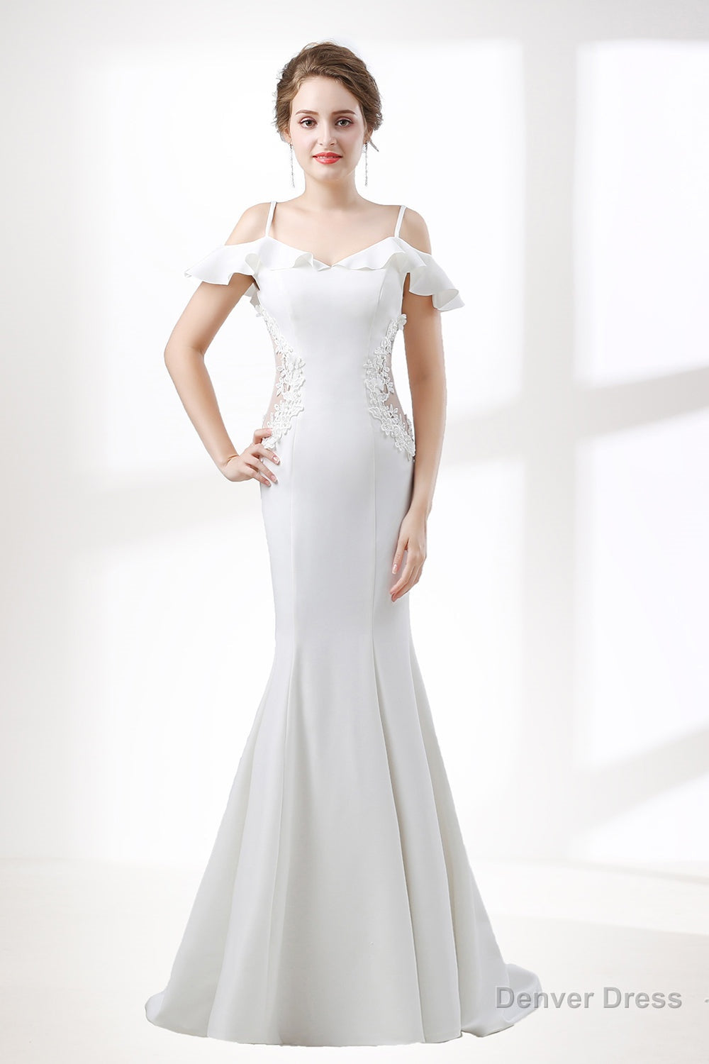 A Line White Satin Short Sleeve Off the Shoulder Prom Dresses Main image