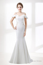 A Line White Satin Short Sleeve Off the Shoulder Prom Dresses