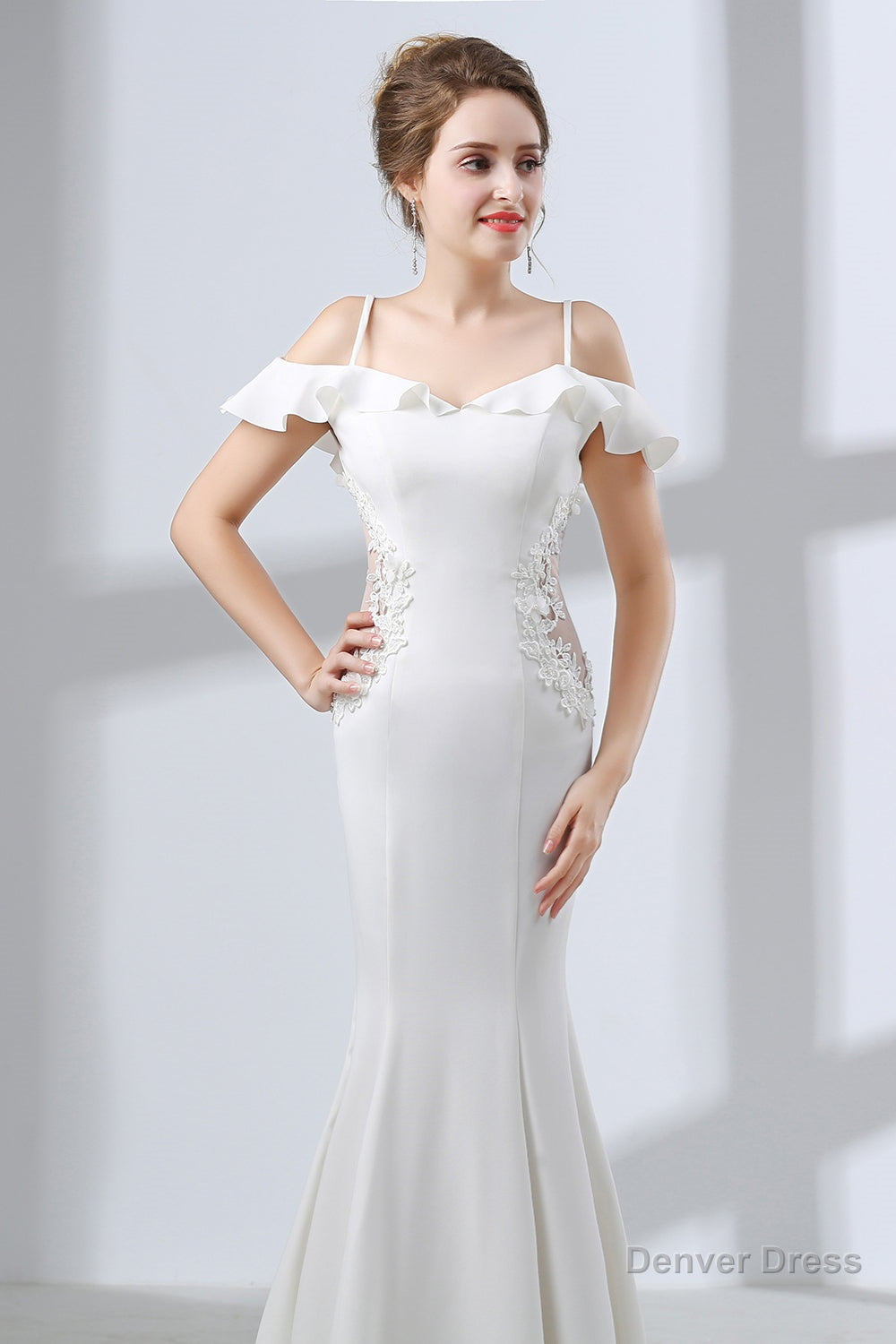 A Line White Satin Short Sleeve Off the Shoulder Prom Dresses Secondary image