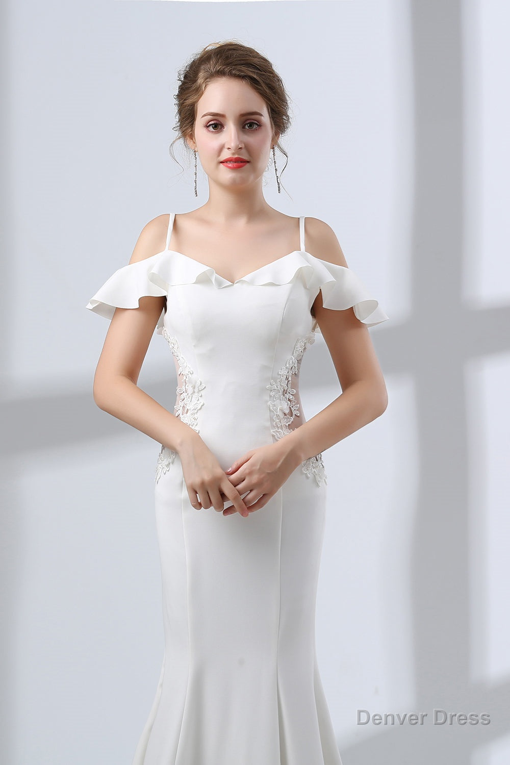 A Line White Satin Short Sleeve Off the Shoulder Prom Dresses
