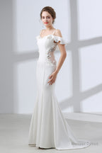 A Line White Satin Short Sleeve Off the Shoulder Prom Dresses