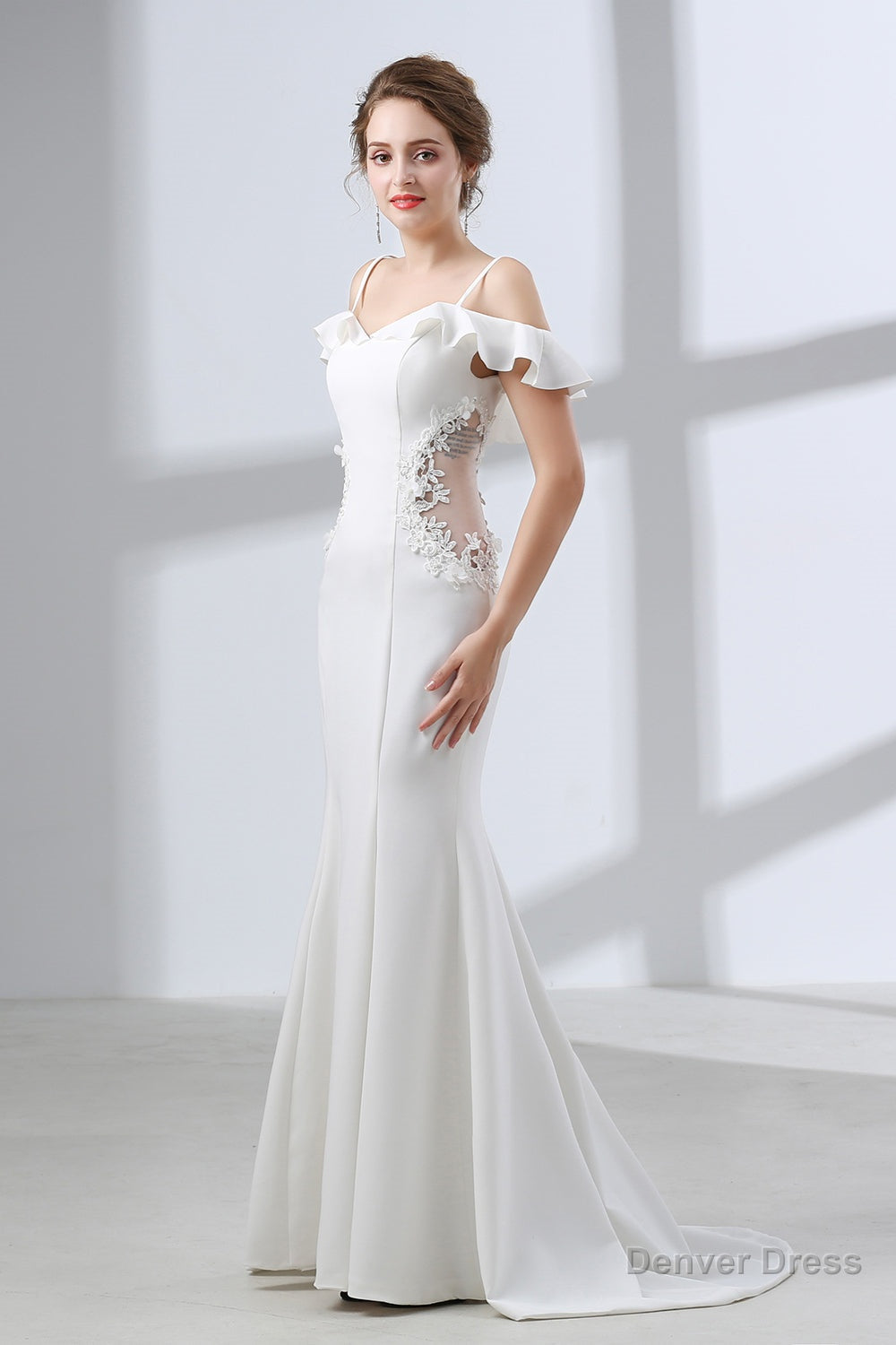 A Line White Satin Short Sleeve Off the Shoulder Prom Dresses