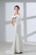 A Line White Satin Short Sleeve Off the Shoulder Prom Dresses