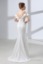 A Line White Satin Short Sleeve Off the Shoulder Prom Dresses