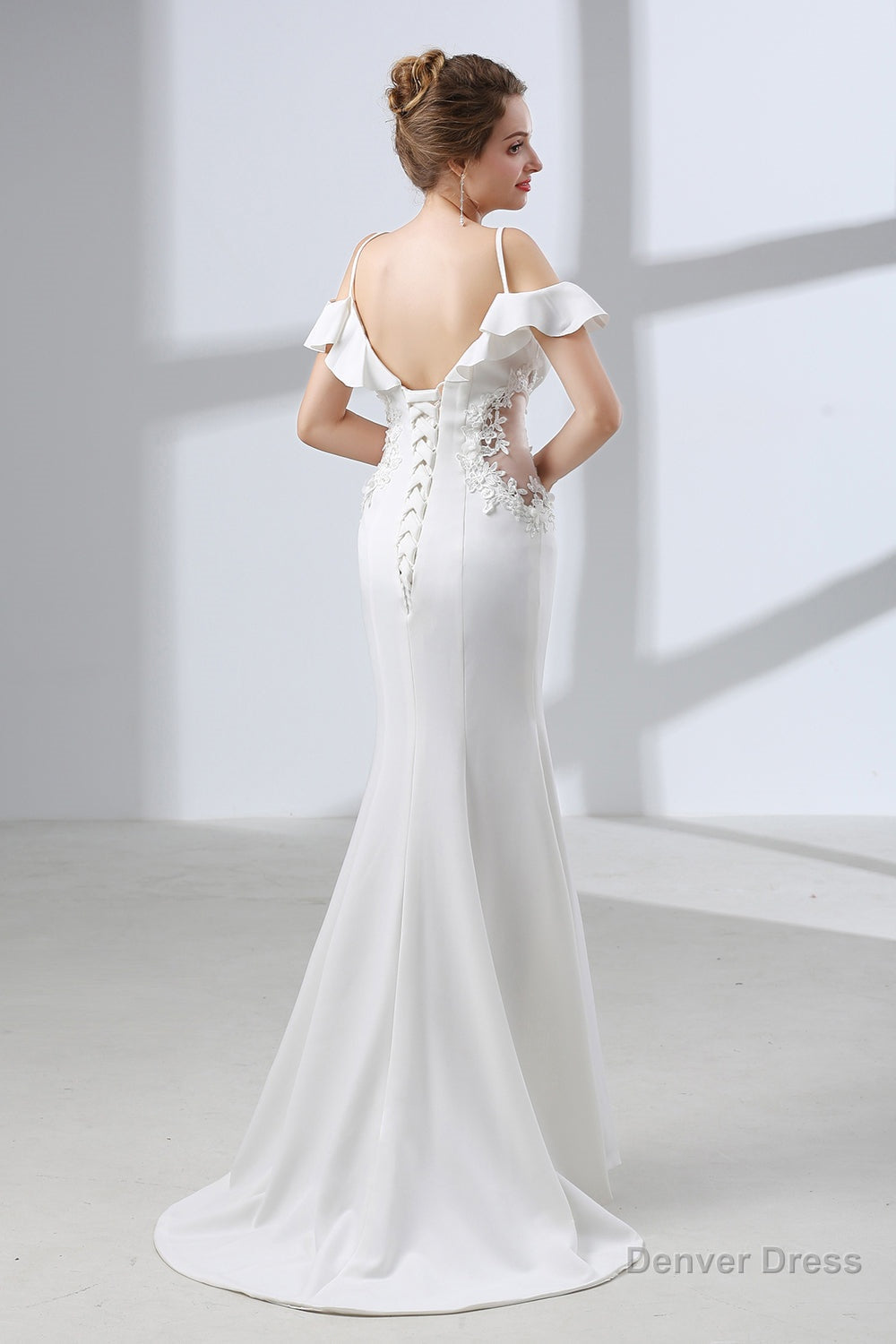 A Line White Satin Short Sleeve Off the Shoulder Prom Dresses