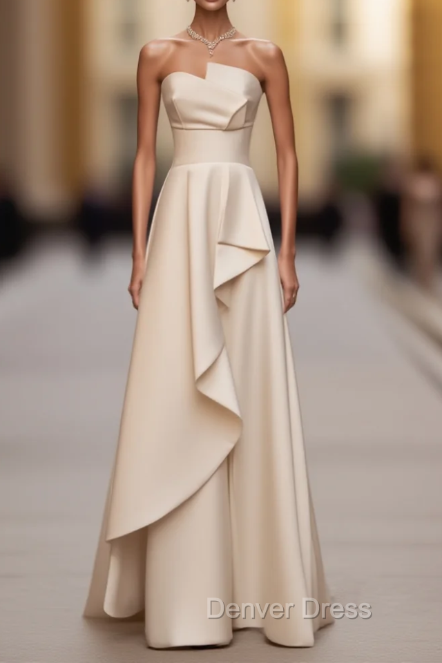 A-Line White Satin Strapless Wedding Dresses Main image