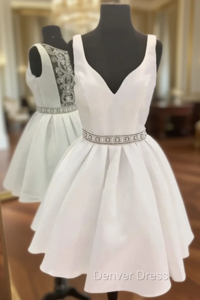 A-Line White Satin V-neck Beading Homecoming Dresses
