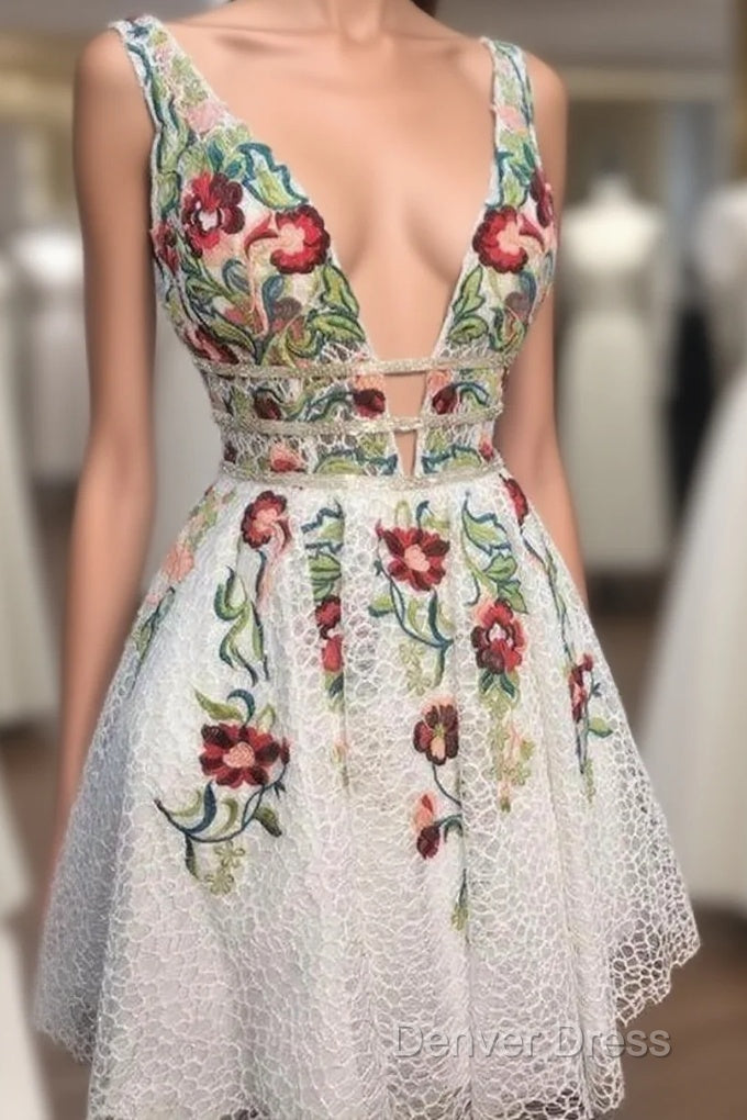 A-Line White Short Homecoming Dresses With Floral Main image
