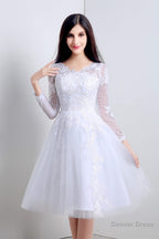 A-Line White Tulle Appliques Long Sleeve Homecoming Dresses