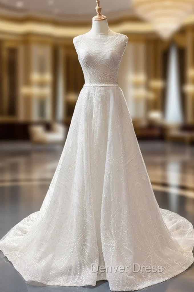 A-Line White Tulle Backless Sexy See Through Wedding Dresses With Beading Main image