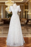 A-Line White Tulle Sequins Short Sleeve Prom Dresses