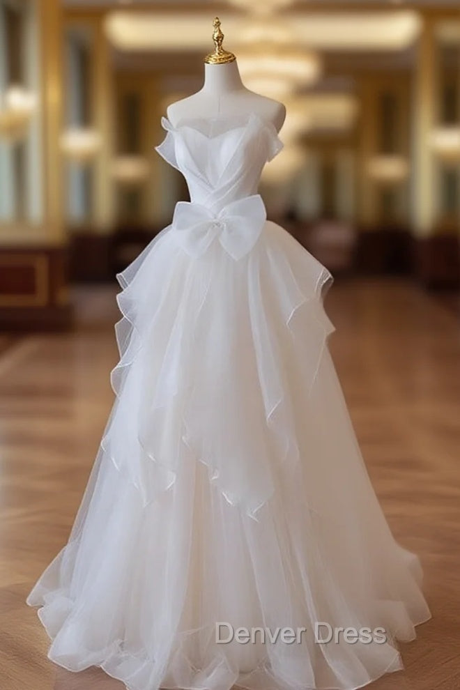 A Line White Tulle Wedding Dresses With Bow Main image