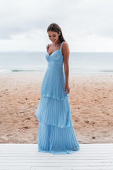A-line brede stropper blå ermeløs gulvlengde promkjole, blå brudepike kjole